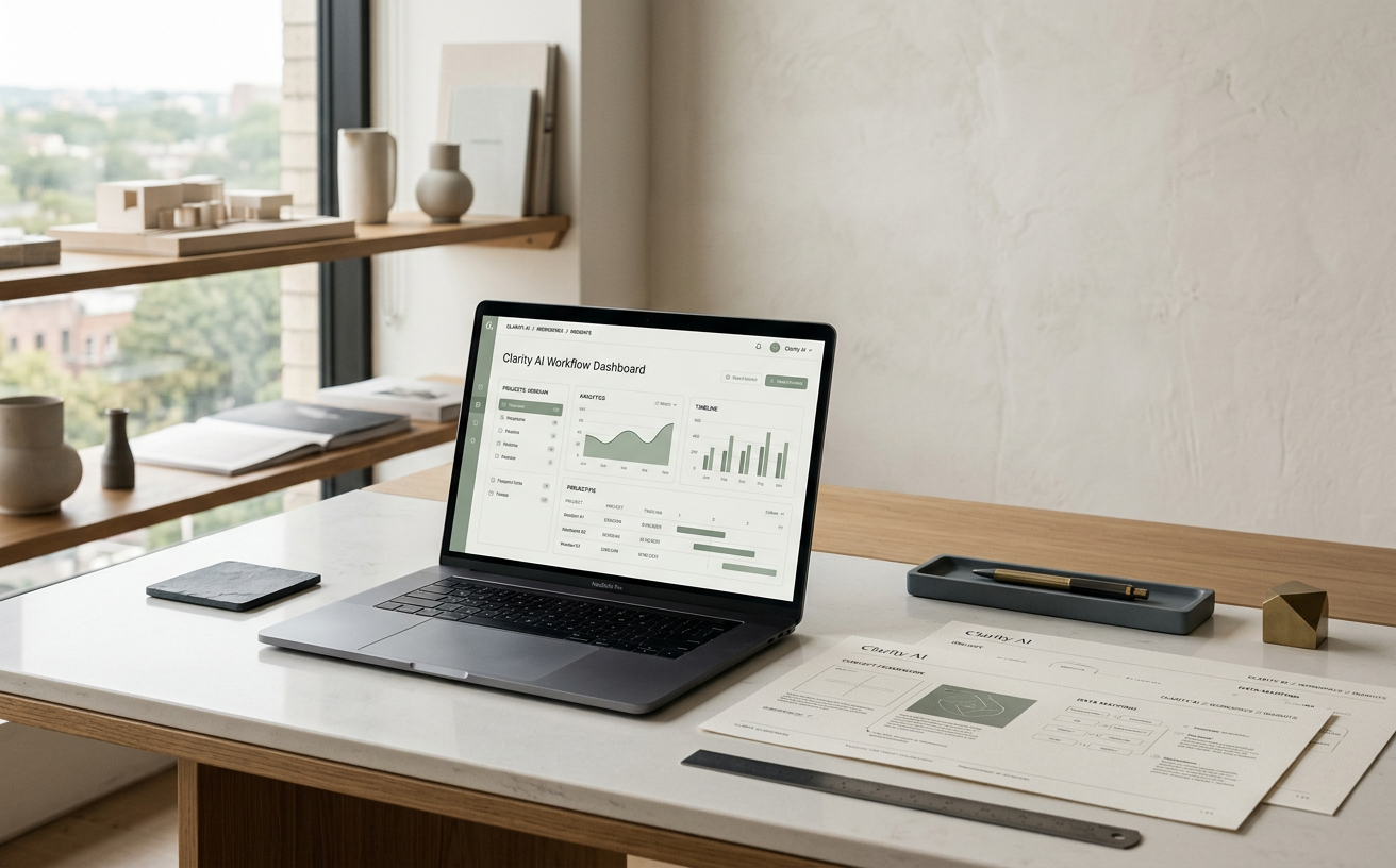 Laptop on a minimalist desk displaying analytics dashboard, with documents and accessories in a bright home office.