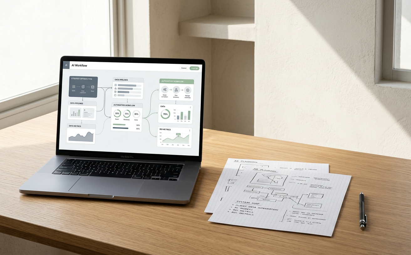 Laptop displaying a dashboard UI on a wooden desk beside wireframe sketches and a pen near a window.
