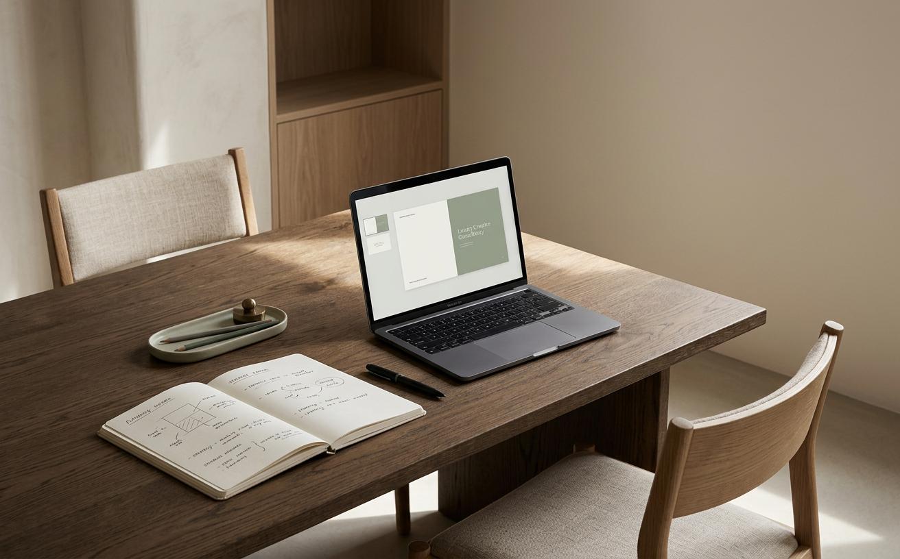 Minimalist home office with open laptop and book on dark wooden dining table.