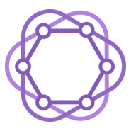 Purple geometric hexagonal network logo with interconnected nodes and overlapping circular lines on white background.