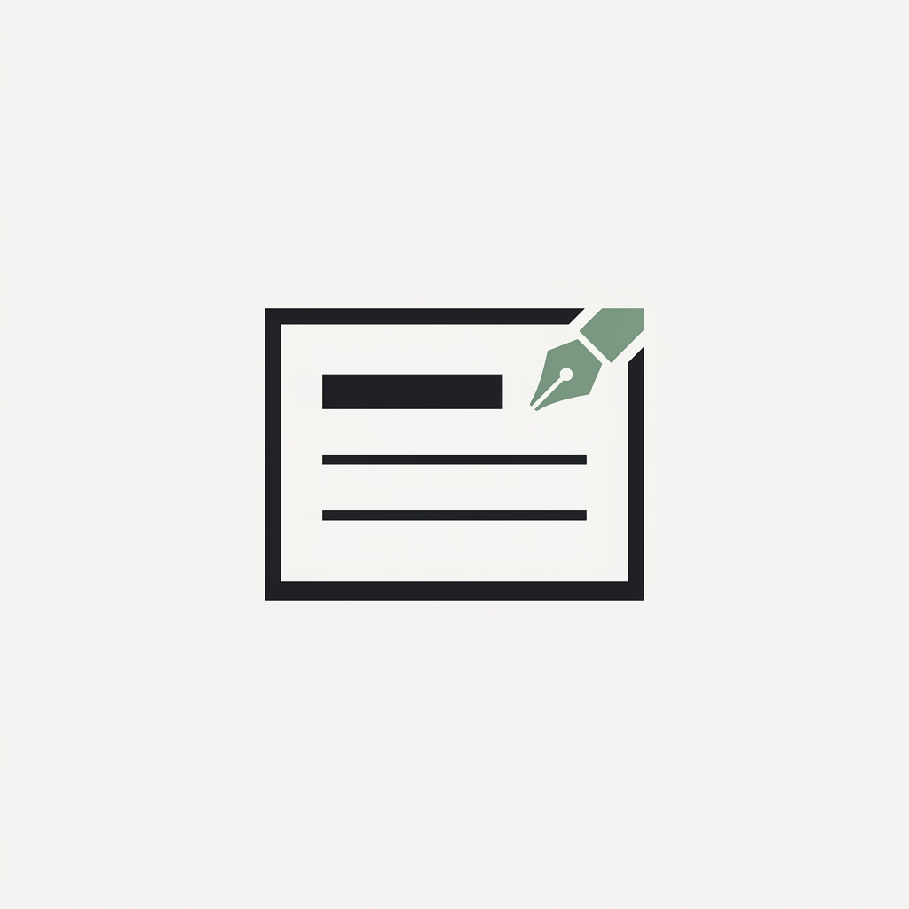A minimalist icon featuring a document with text lines and a green fountain pen nib in the corner.