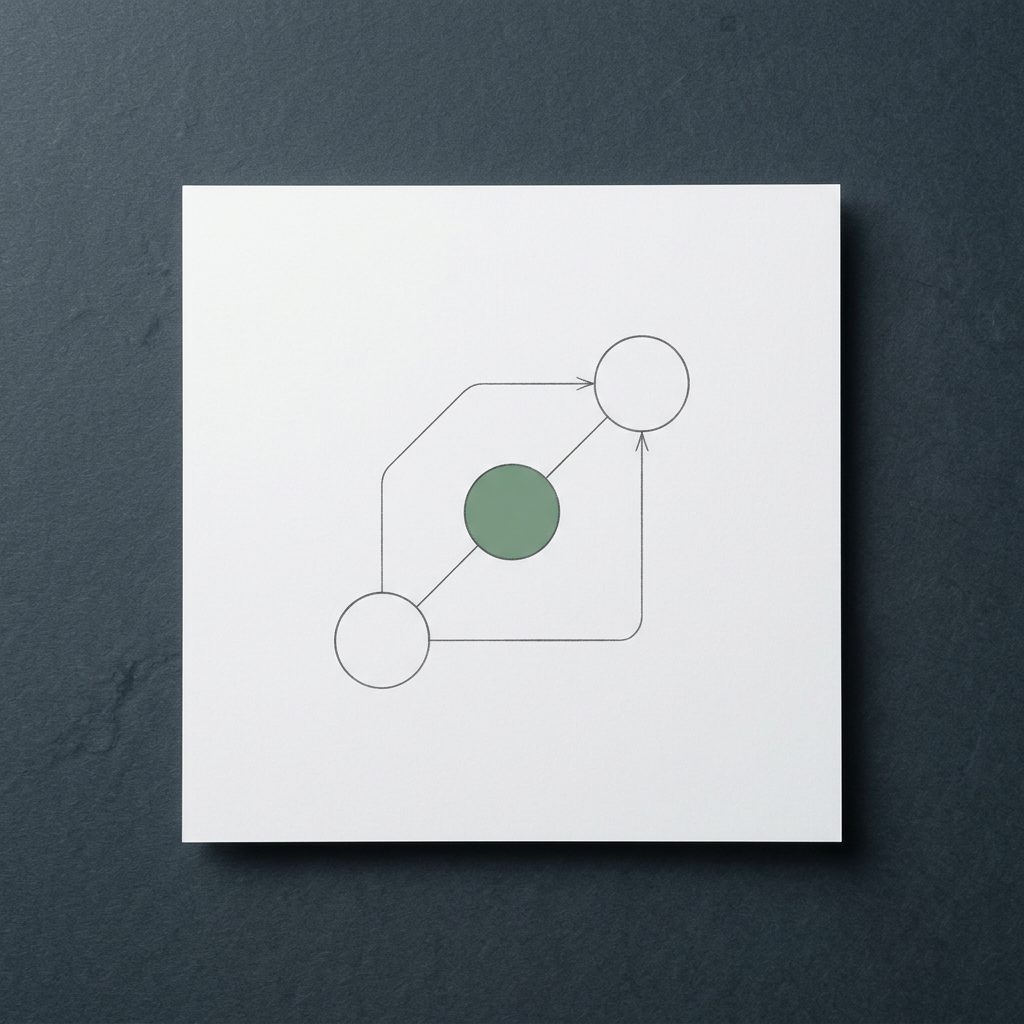 Minimalist white square card featuring a geometric network diagram with connected nodes, one filled in green.