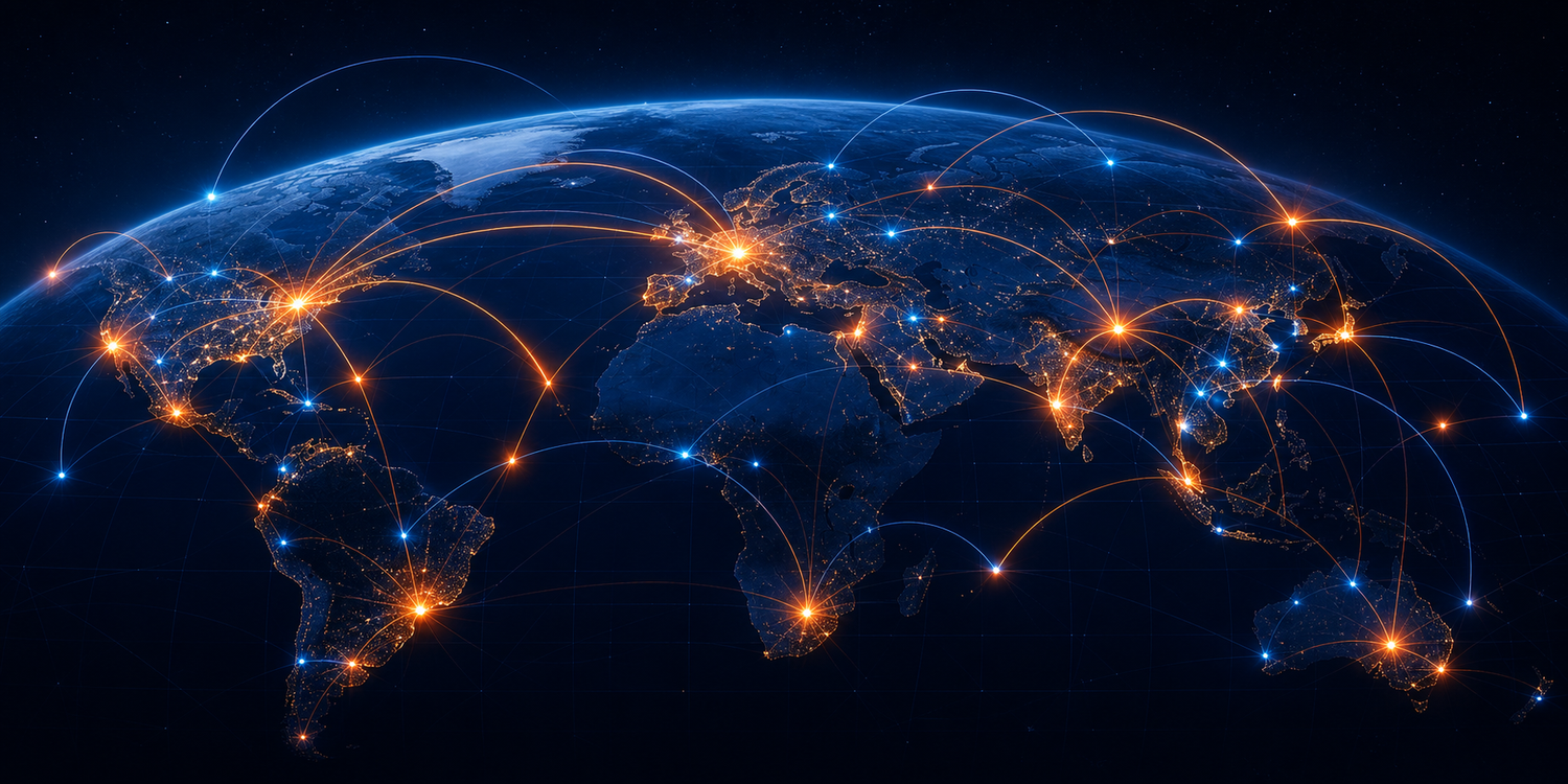Glowing global network map with orange and blue light connections over Earth at night, symbolizing worldwide digital connectivity.