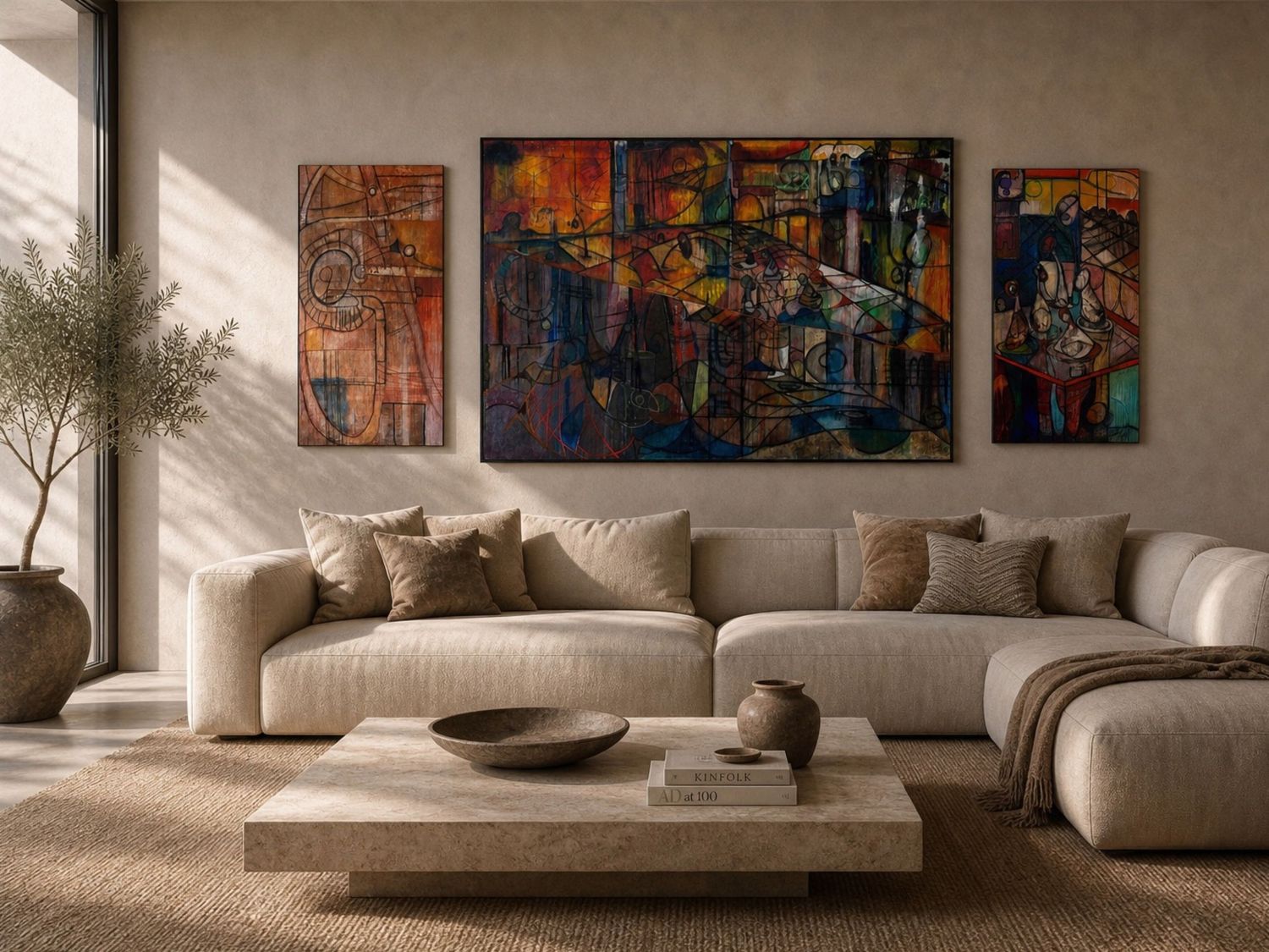 Bohemian living room with large colorful abstract triptych artwork above beige sofa.
