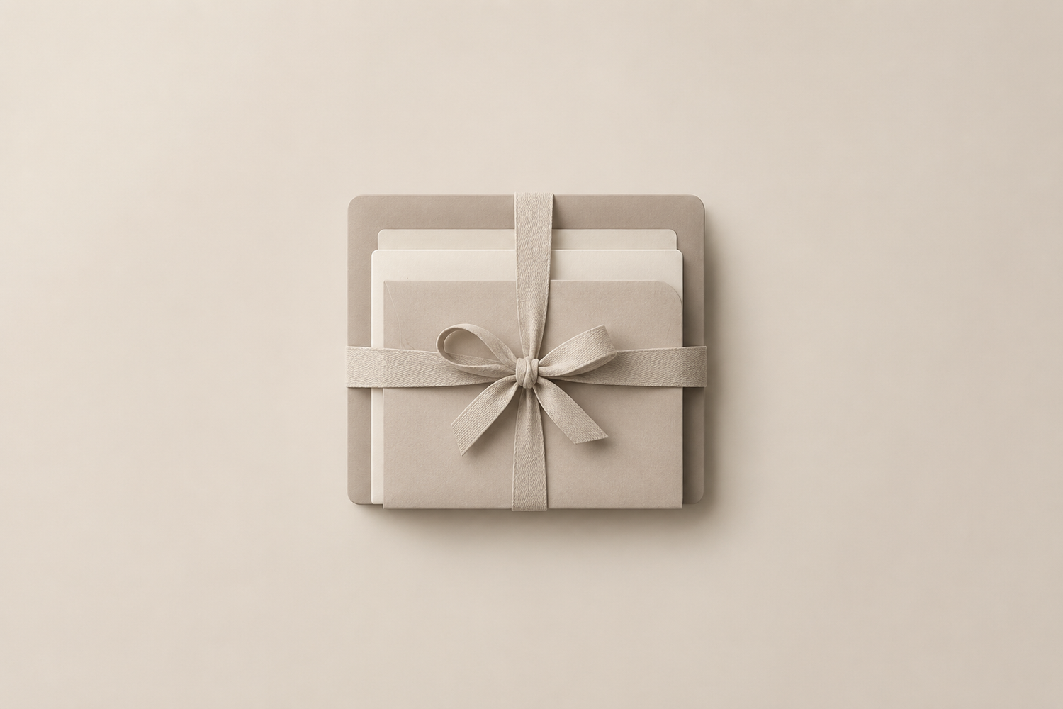 Minimalist beige gift box tied with a satin ribbon bow on a neutral background, top view.