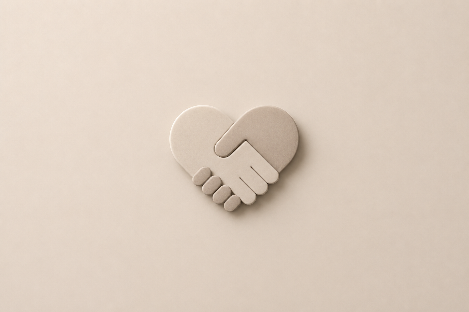 3D render of two hands forming a heart shape handshake icon on a beige background.