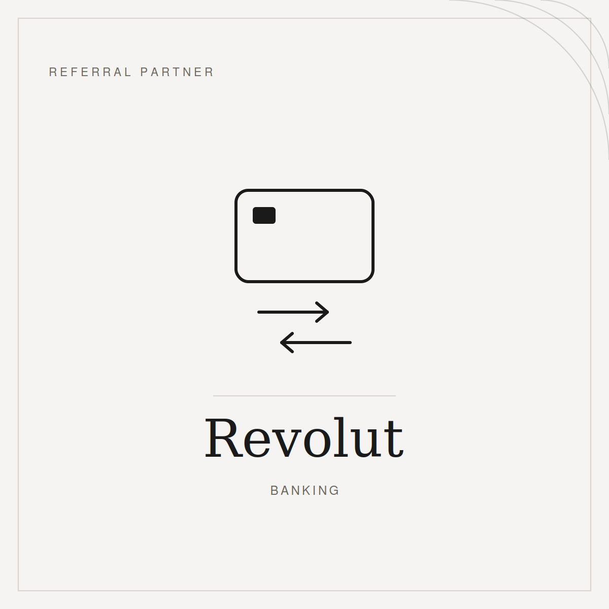 Revolut banking referral partner logo with credit card transfer icon on light background.