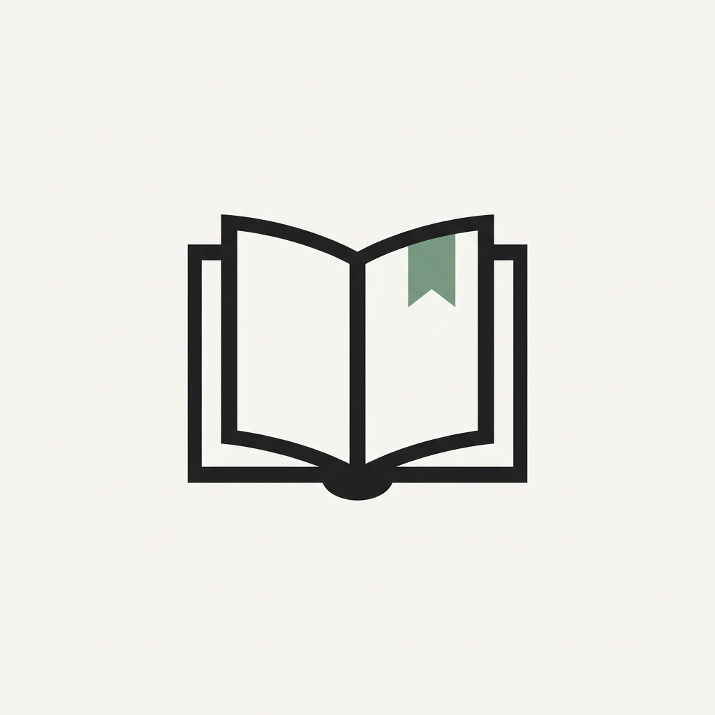 Open book icon with green bookmark on white pages.