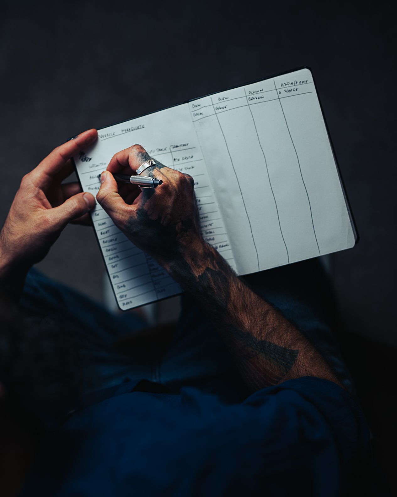 Tattooed hands writing in a structured planner notebook with a pen on a dark background.
