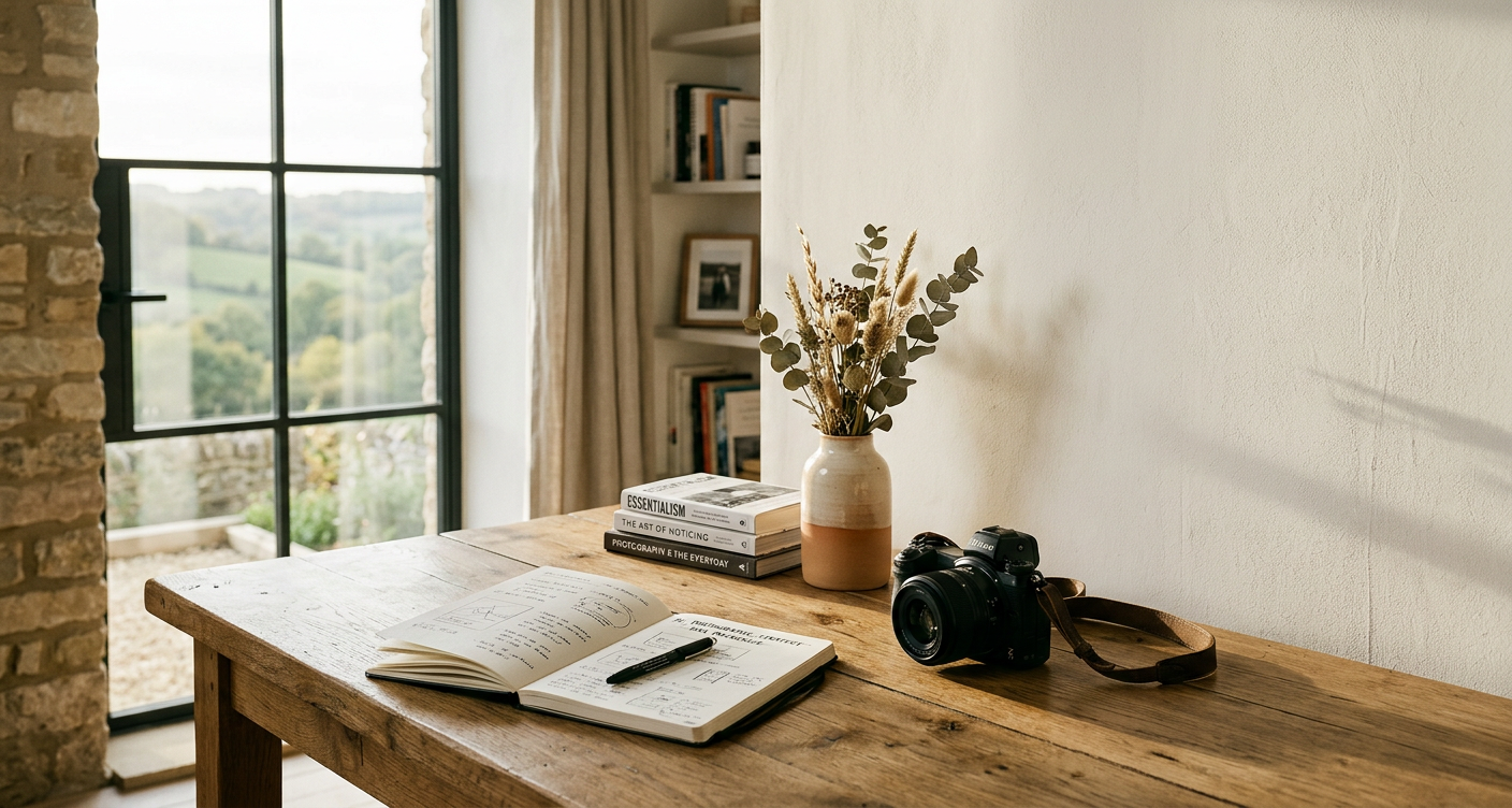 Rustic wooden desk with open notebook, camera, and vase by a window.