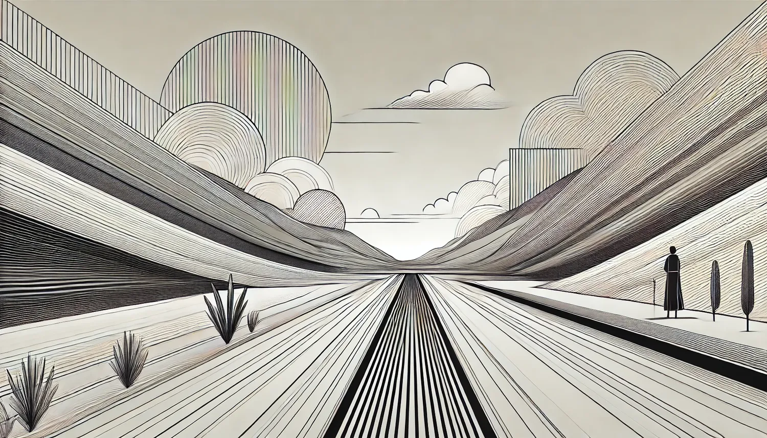 A minimalist black and white drawing of a desert road with converging lines leading to mountains and a lone figure.