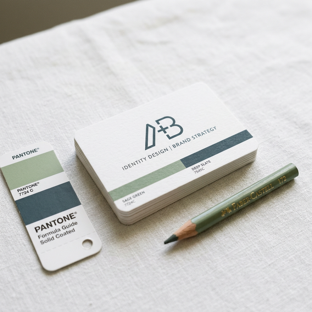 Pantone color swatches, green pencil, and AB Identity Design brand strategy business cards on white fabric.