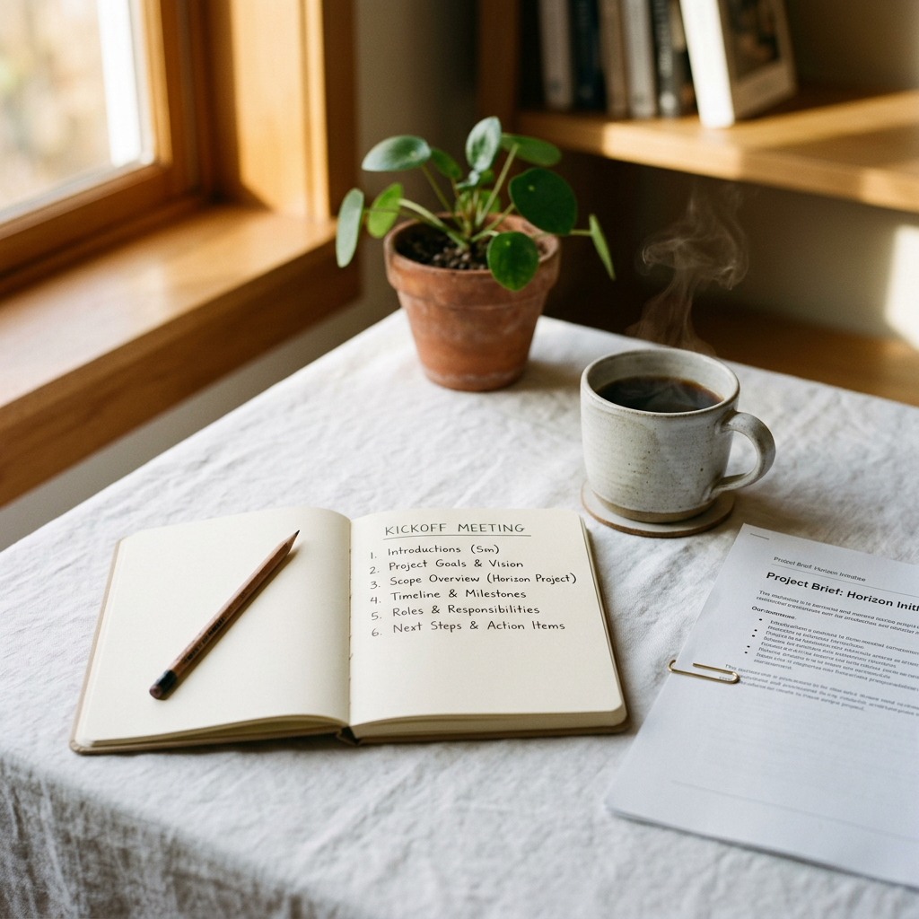 Open notebook with meeting agenda, pencil, steaming coffee mug, and potted plant on a white linen tablecloth by a window.