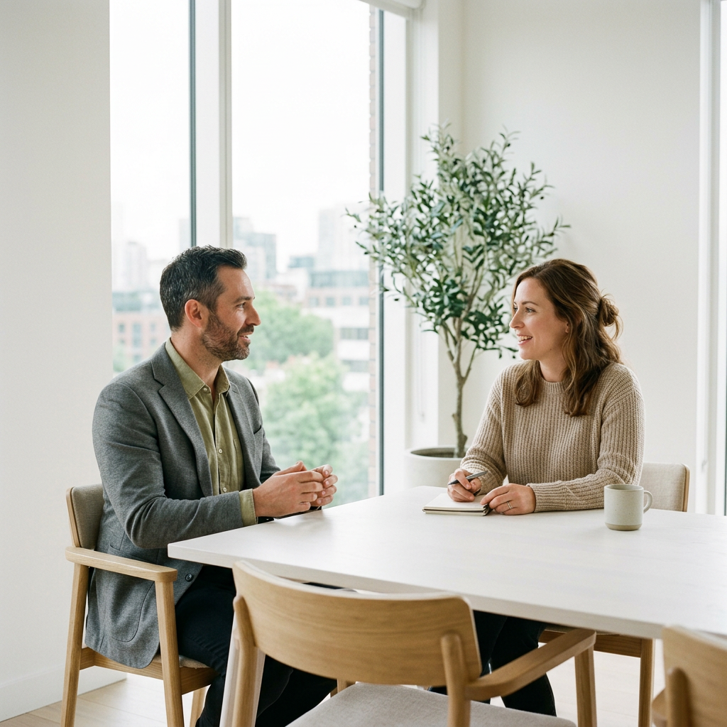 Two professionals having a meeting at a white table in a bright modern office with large windows and a plant.