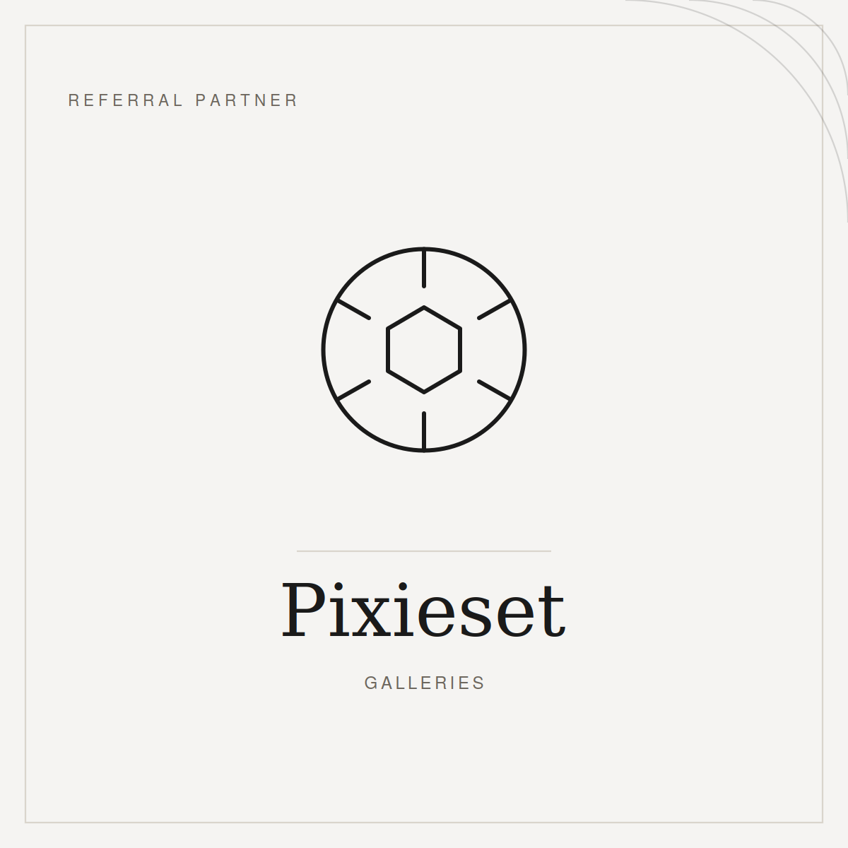 Pixieset Galleries referral partner logo featuring a minimalist camera aperture icon on a light gray background.