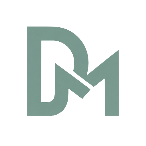 Modern DM monogram logo in muted sage green color on white background.