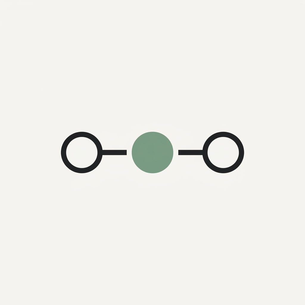 Minimalist logo design with two black circles connected by a green filled circle on a cream background.