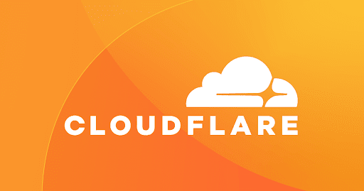 Cloudflare logo featuring white cloud icon and bold text on vibrant orange gradient background.