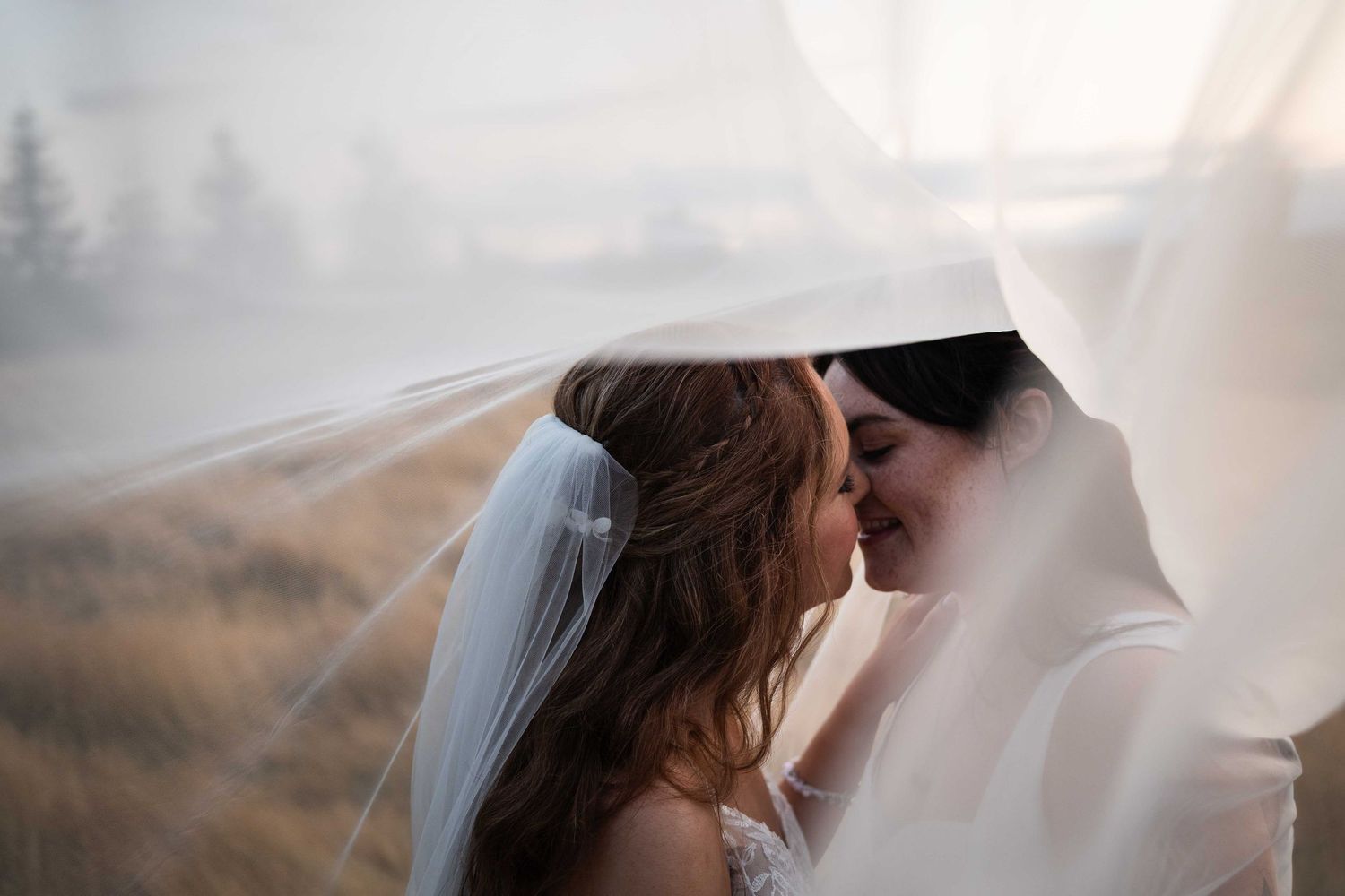 Two brides share an intimate moment under a flowing white veil on their wedding day. Irish wedding photography. Mountain View, Kilkenny