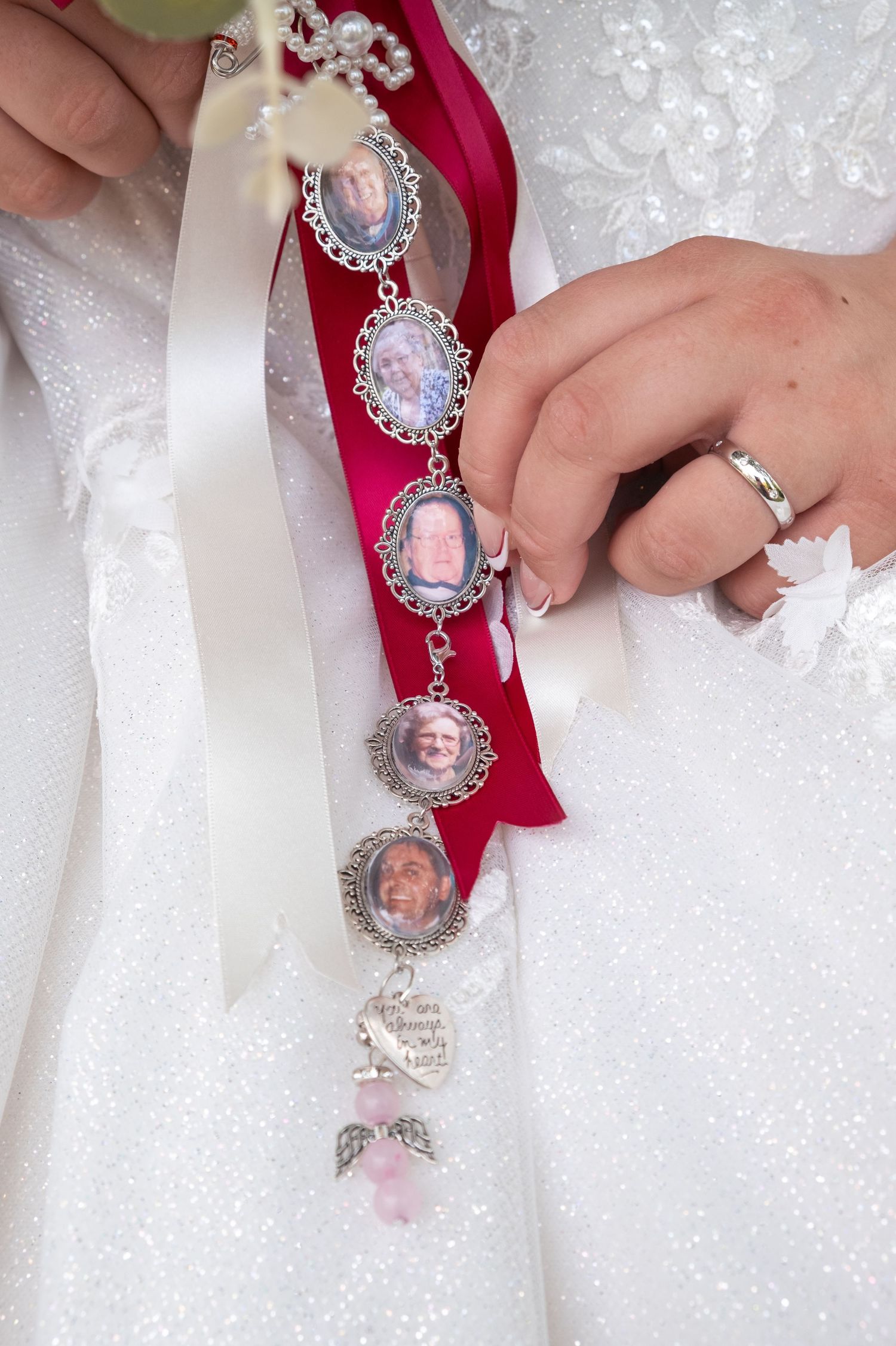 Memorial charms on wedding bouquet.
