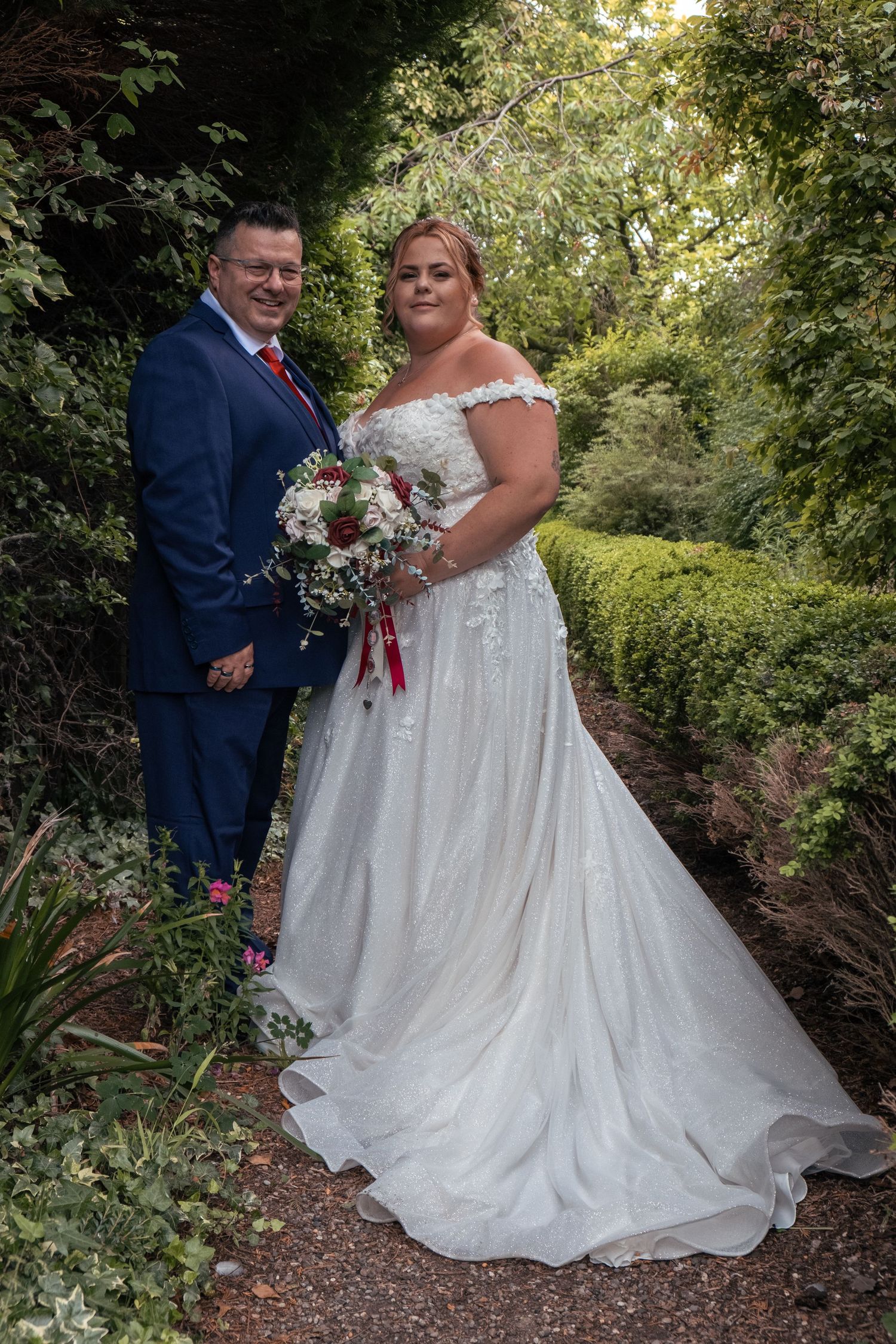 Bride and groom sharing a romantic portrait after their wedding ceremony.
