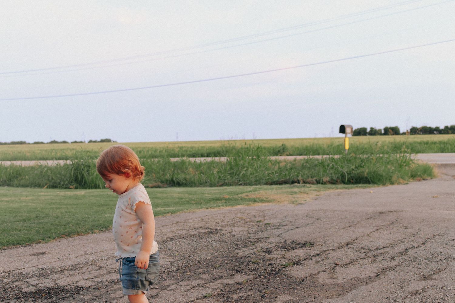 Toddler with red hair walking alone on a rural dirt road surrounded by green fields.