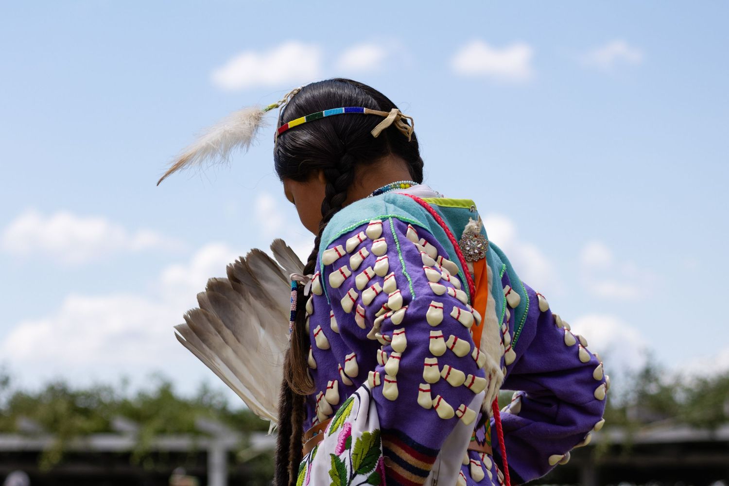 Native American dancer in vibrant purple regalia with feathers at a powwow.