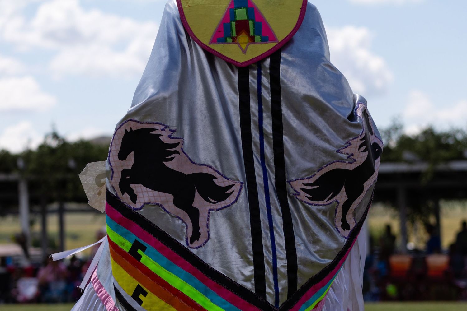 Close-up of Native American dancer wearing regalia with horse motif and colorful ribbon details.