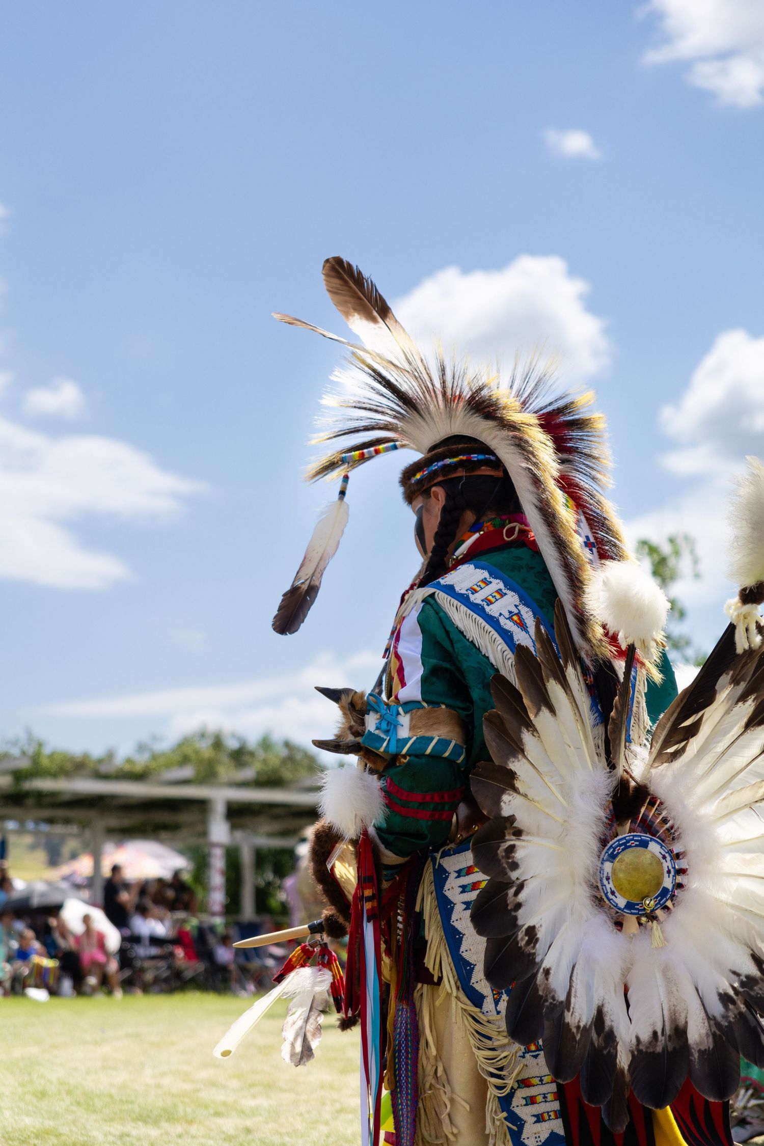 Native American male dancer in full feathered headdress and regalia performing at outdoor powwow.