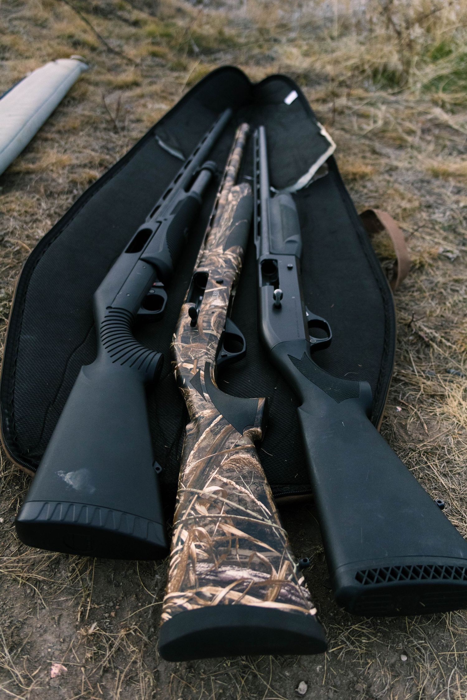 Two shotguns, one with camouflage stock pattern, resting on a black gun case in a dry grass field.