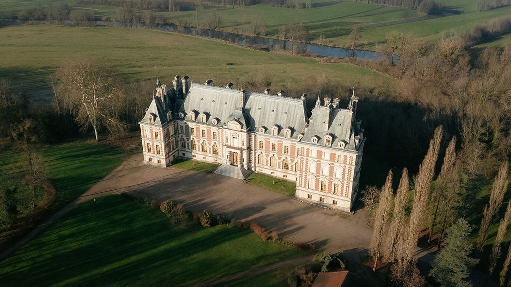 Aerial view of stunning French château surrounded by lush green grounds and tree-lined driveway.