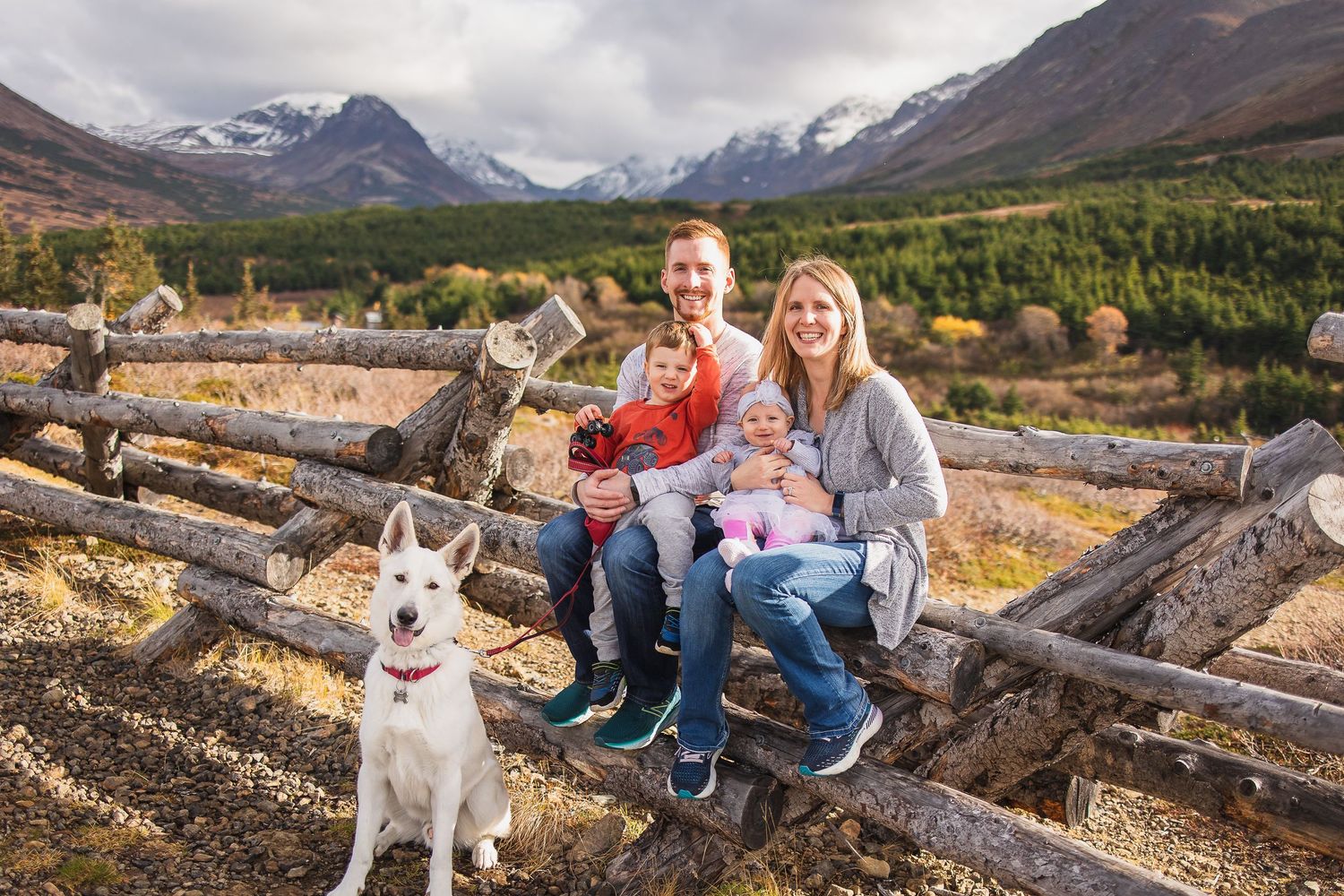 A scenic mountain landscape with snow-capped peaks and rugged terrain stretches across multiple connected photos.