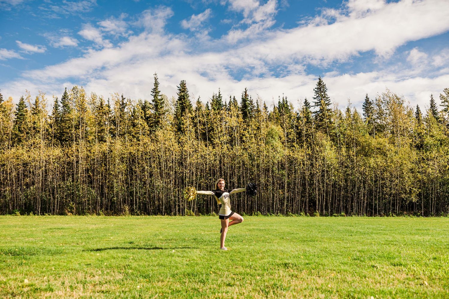 Silhouette of a person doing a dance pose in a field with evergreen forest backdrop.