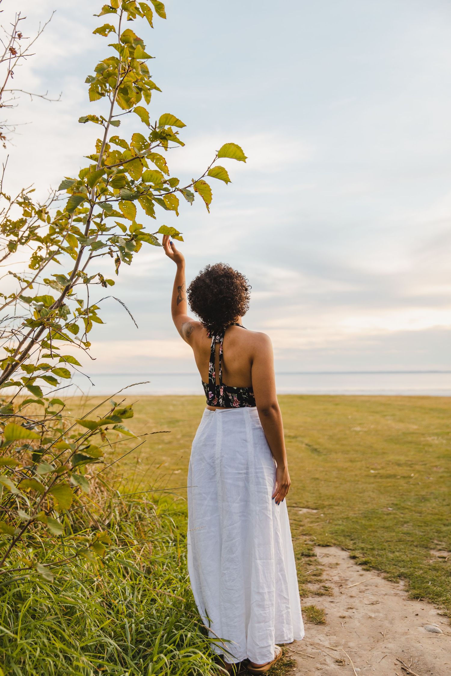 A person in a white skirt reaches up to touch leaves against a sunset sky by the ocean.