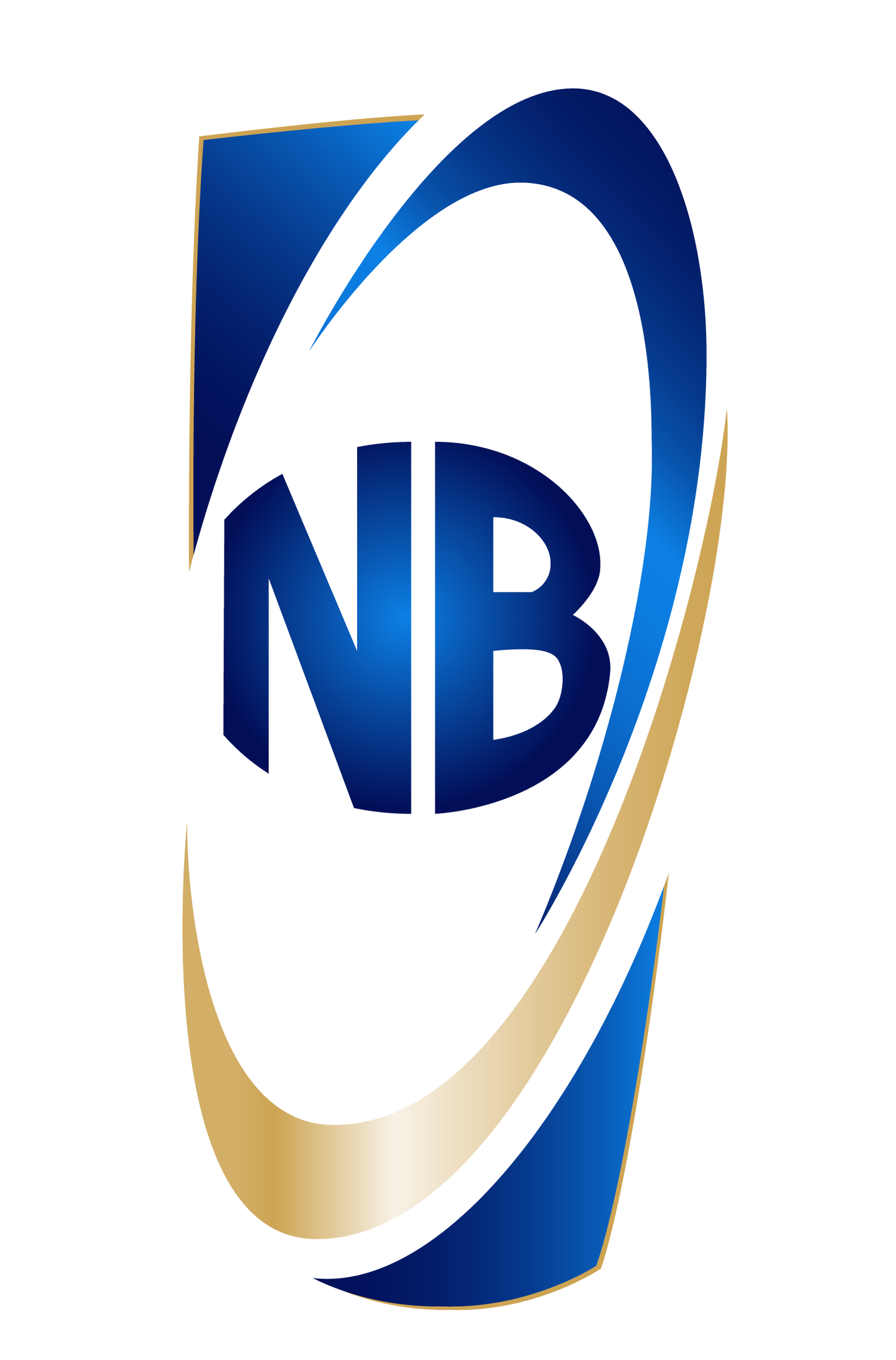 Blue and gold NB monogram logo with dynamic swoosh design elements on white background.