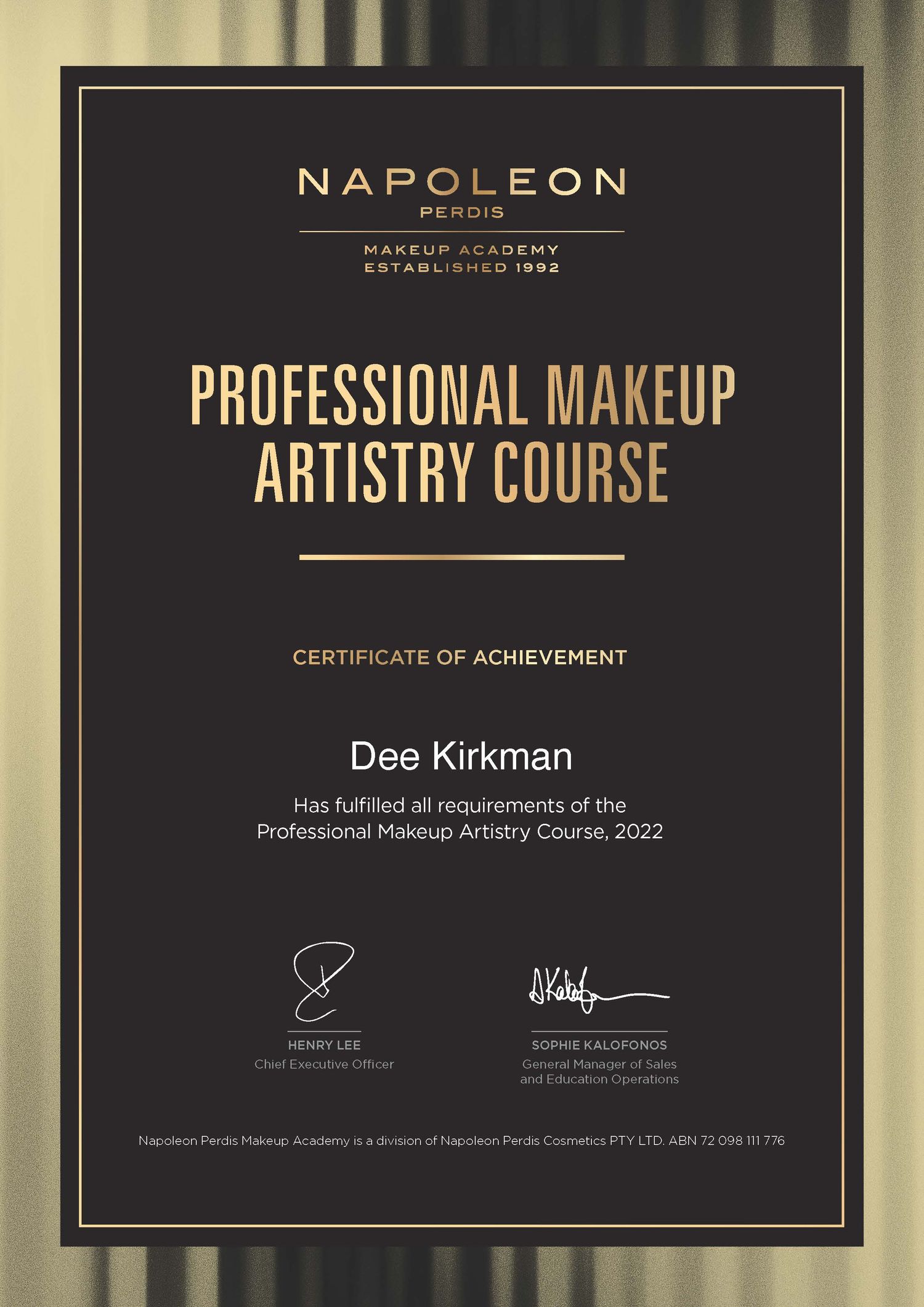 Professional makeup artistry course certificate from Napoleon Perdis.