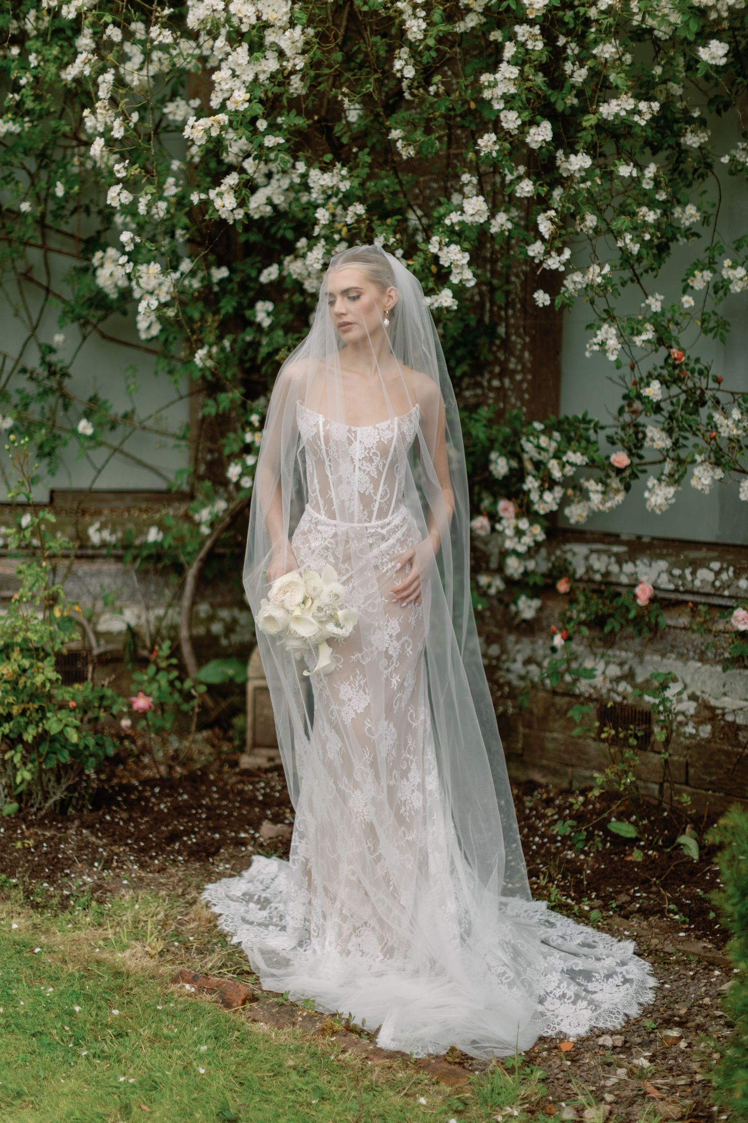 Bride in lace wedding gown and veil poses against flowering vine-covered wall.