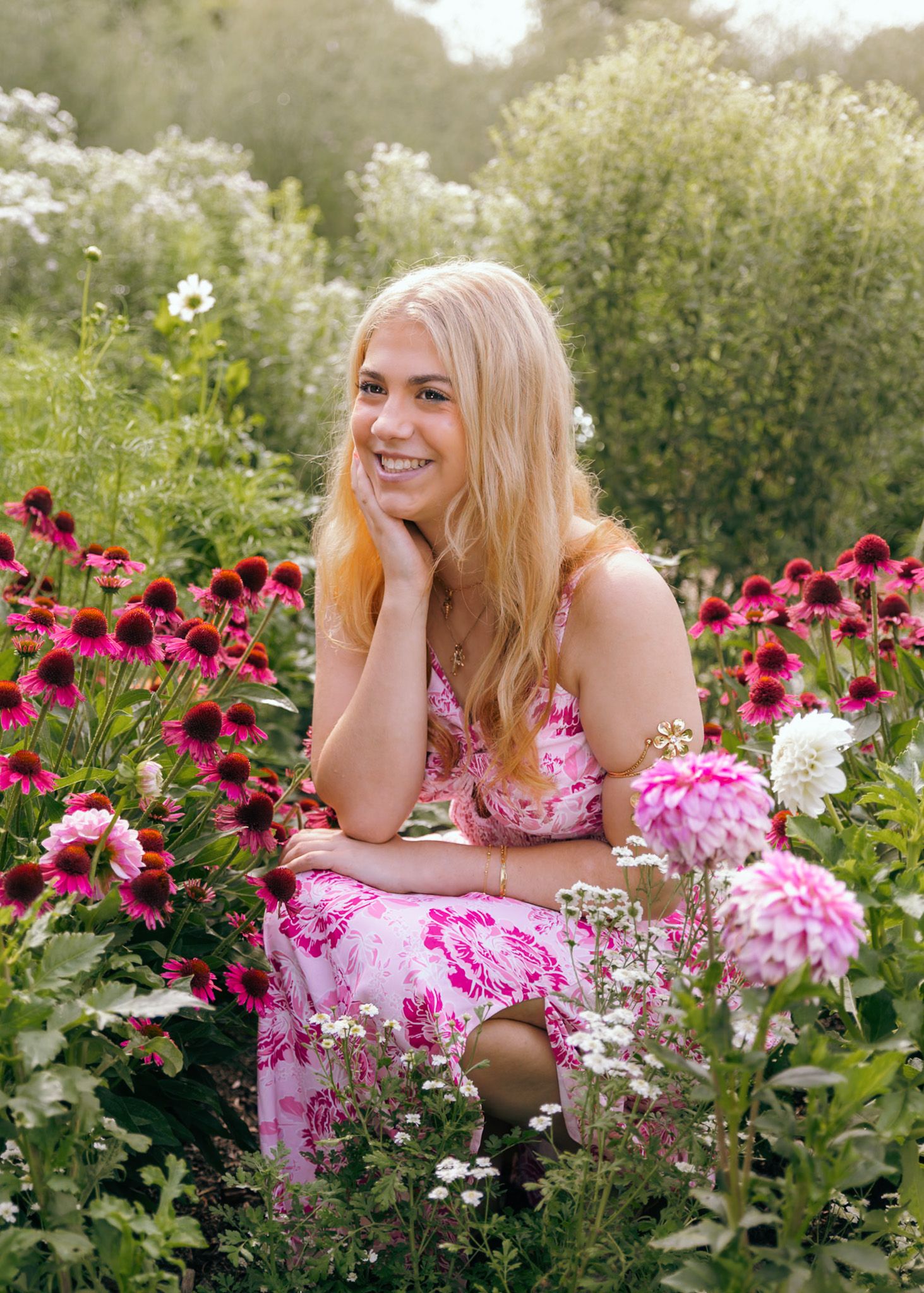 Dreamy golden hour senior session by Howell, Mi Senior Photographer Brena B Imagery. Senior Inspo girl in garden flowers.