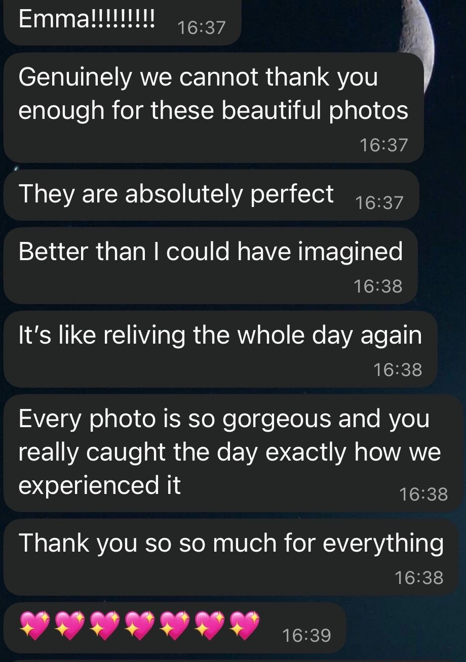 A series of text messages expressing gratitude and joy for receiving beautiful photos that perfectly captured a special day.