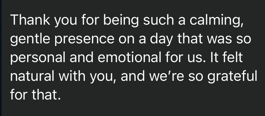 A series of text messages displayed on dark backgrounds expressing gratitude for a calming presence.