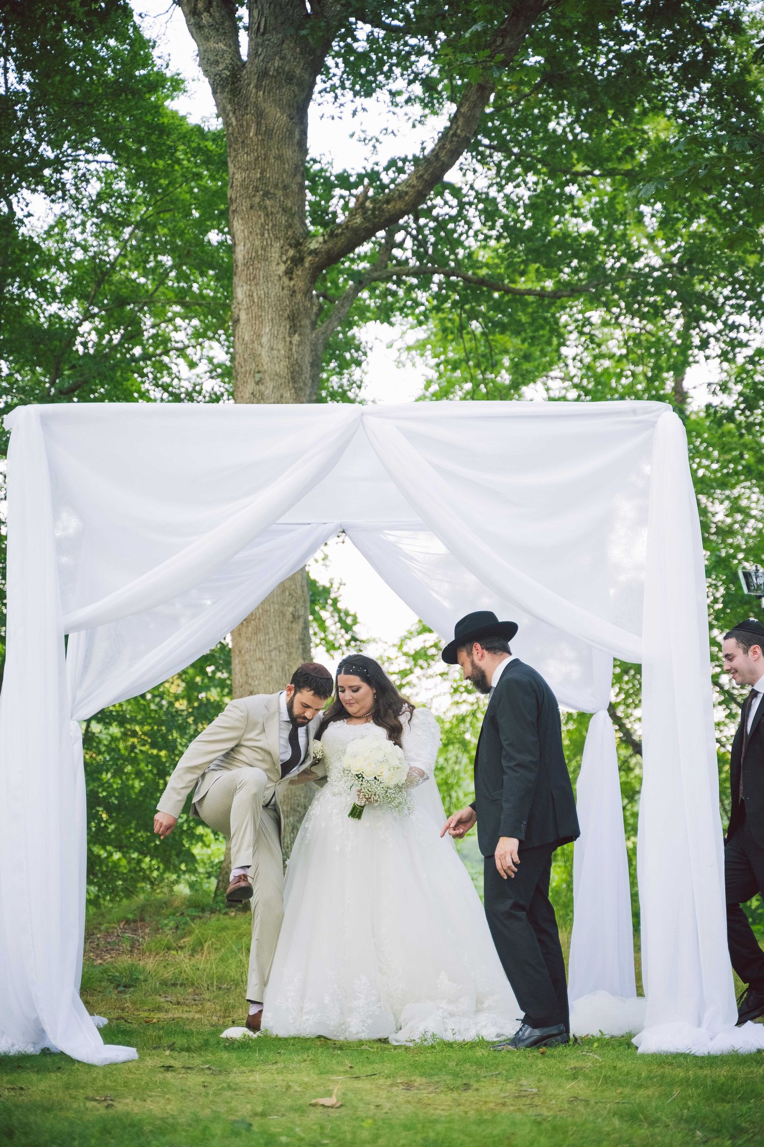 Wedding ceremony setup with white fabric panels between trees in an outdoor garden setting.