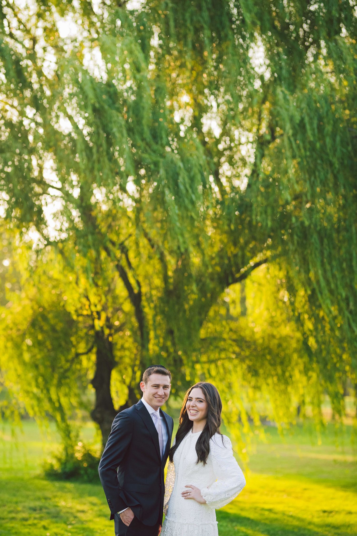 Wedding couple poses under weeping willow tree in golden afternoon light.