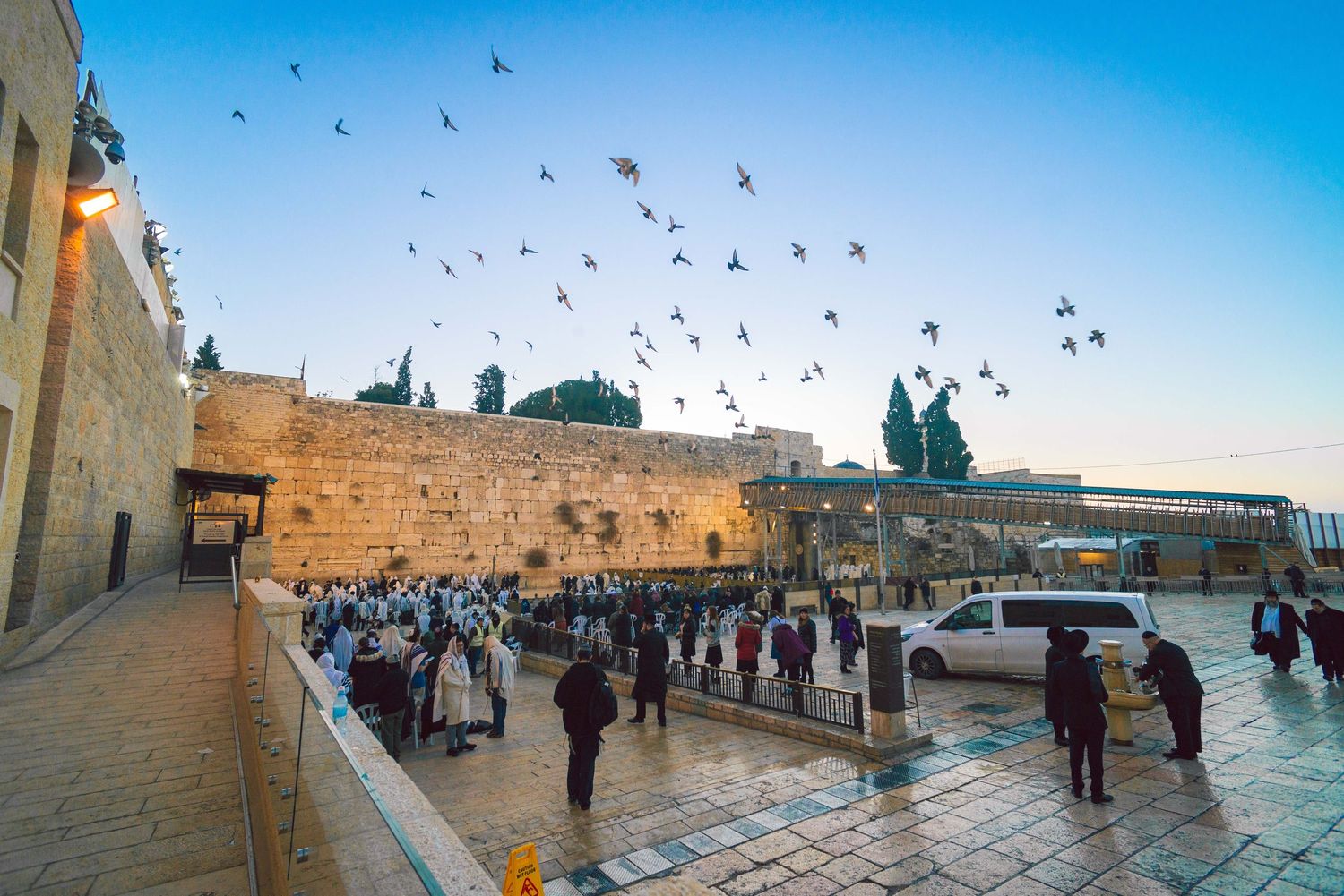 Scenic panorama of birds flying over a historic stone plaza at sunset.