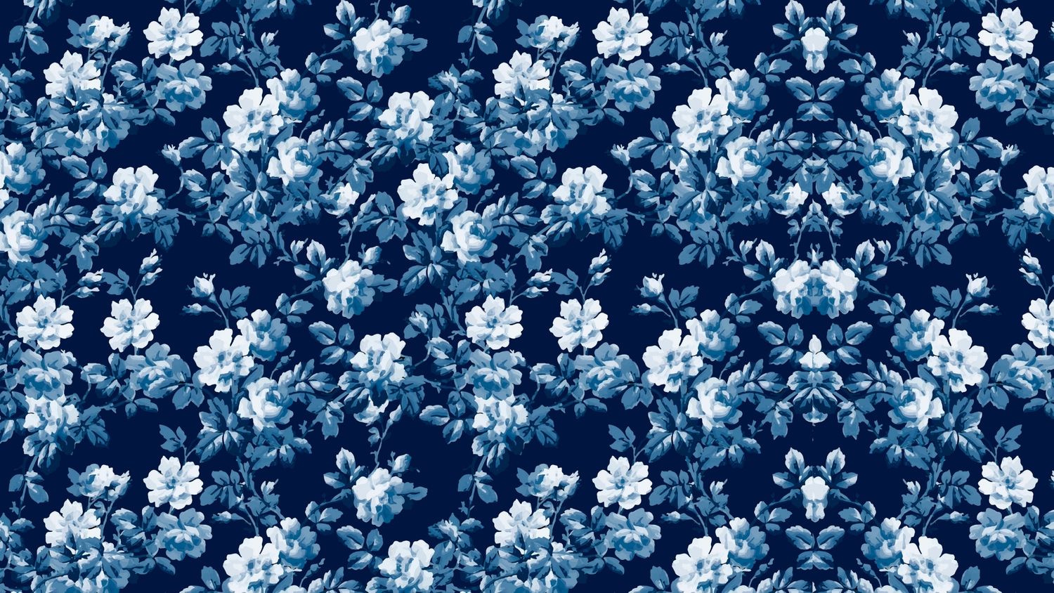 Blue and white floral pattern with delicate blooms on dark navy background, elegant botanical repeat design.