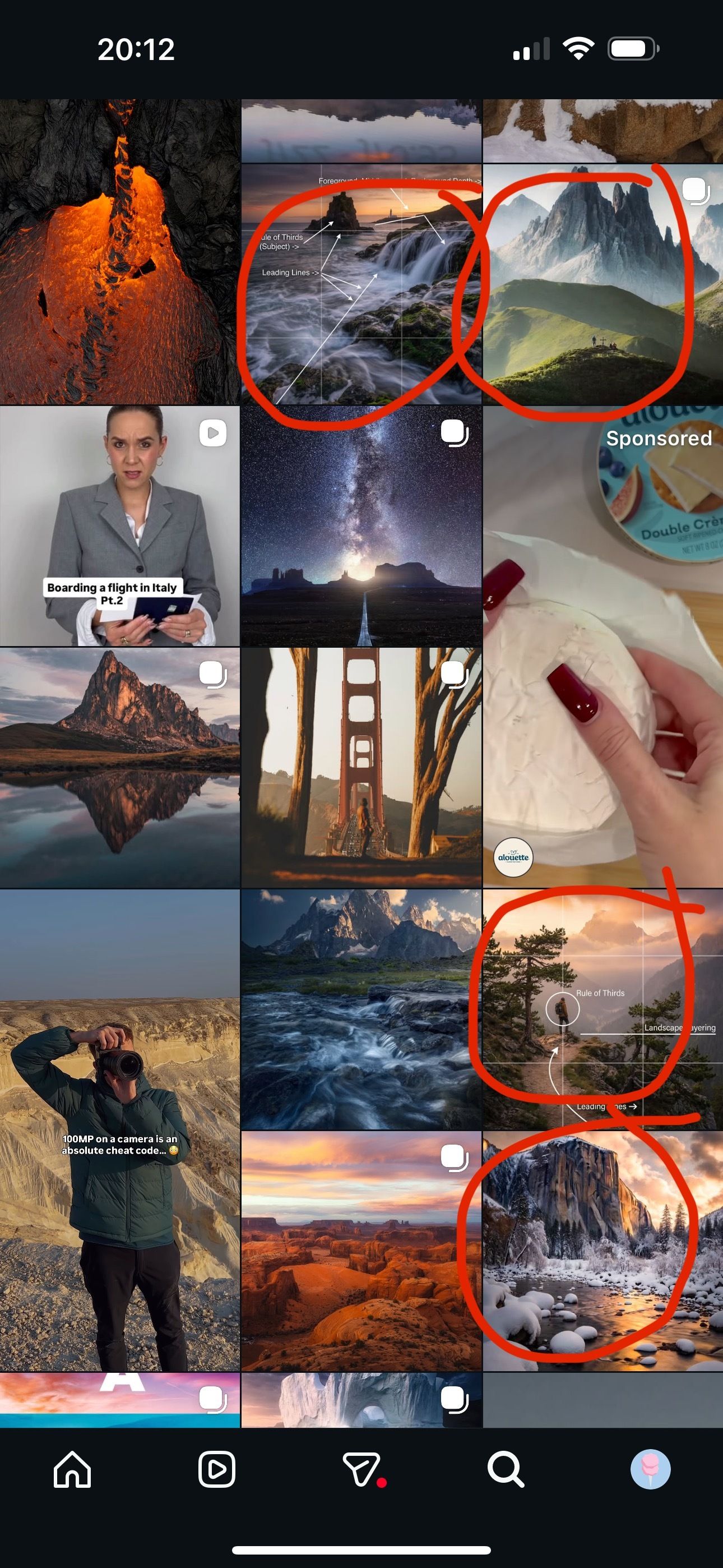 A collage of Instagram-style photos featuring landscapes, outdoor adventures, and travel photography at sunset and dusk.