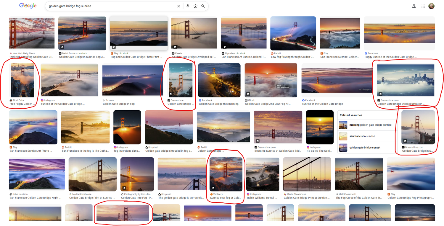 A collection of colorful sunset photos arranged in a grid showing vibrant orange and purple skies over various landscapes.