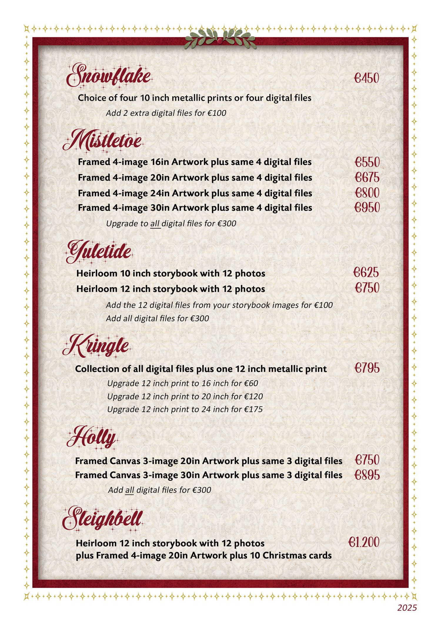 A vintage-style Christmas price list menu with red and gold decorations showing packages named Snowflake, Mistletoe, and Holly.