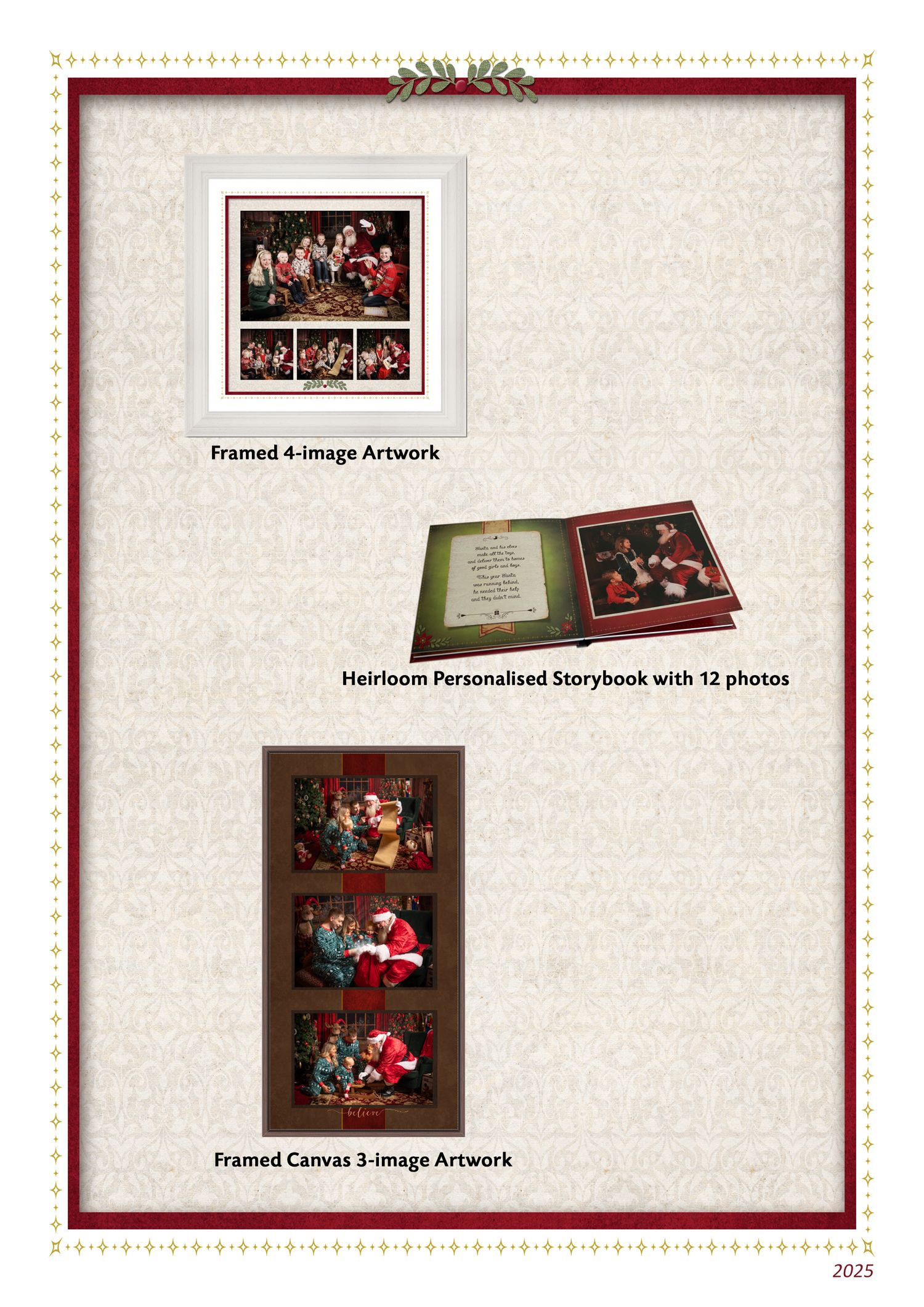 Three framed holiday photo collection displays showing a storybook layout and various artistic arrangements.