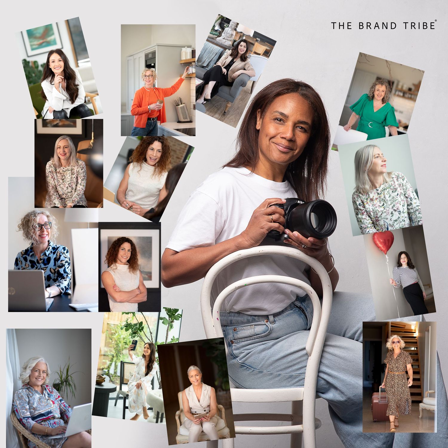 A collage grid of professional lifestyle photos showing people working and sitting at desks in home office settings.