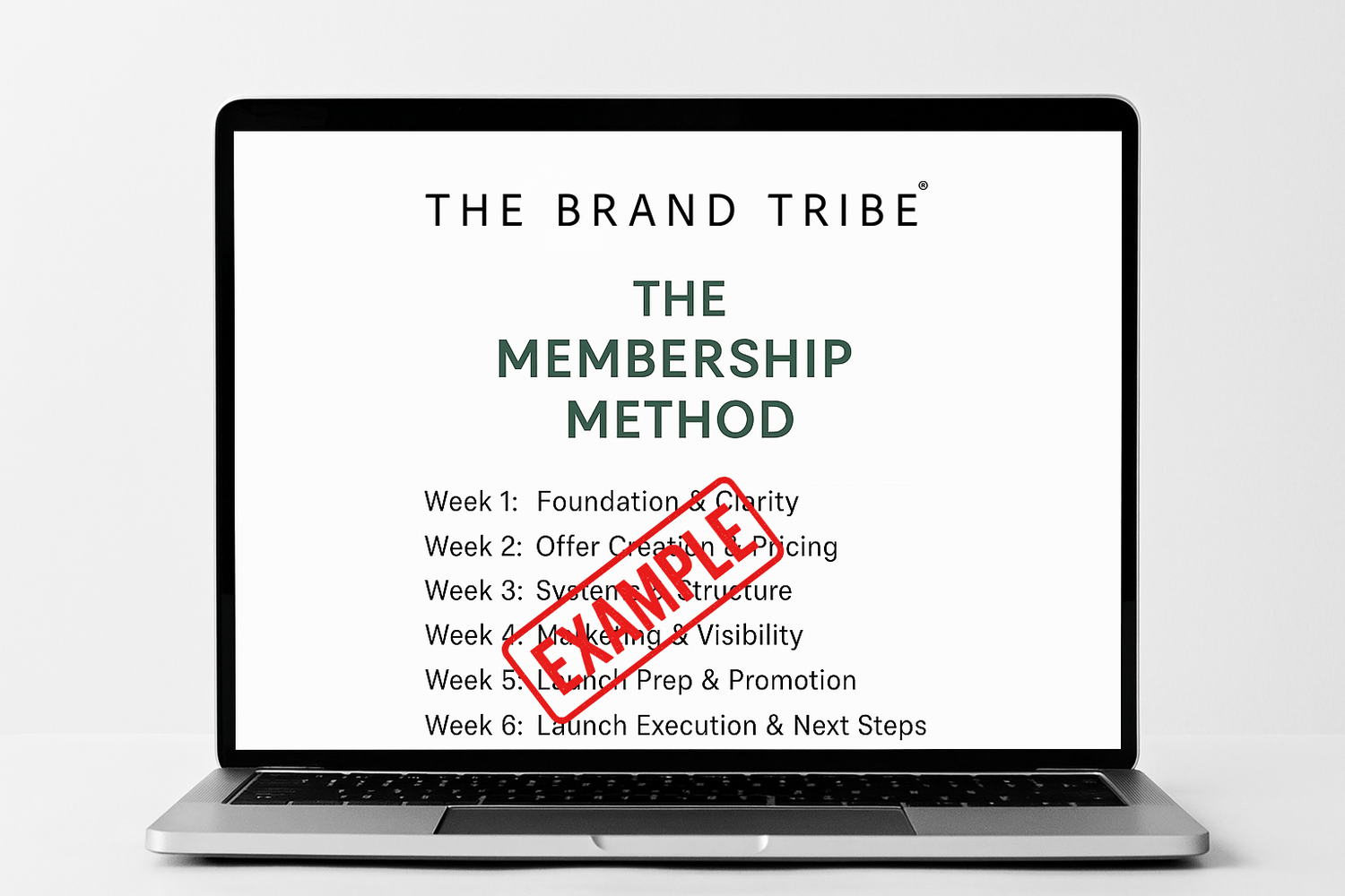 Laptop screen displaying 'The Brand Tribe Membership Method' course outline with red SAMPLE text overlay.